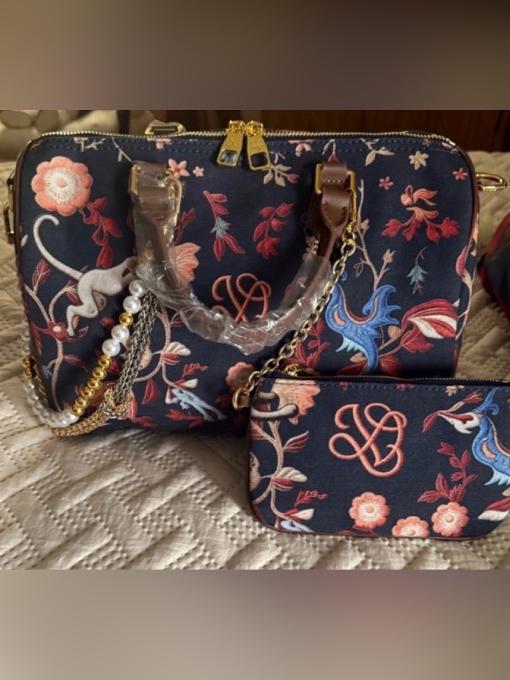 Floral Navy Satchel with Matching Pouch